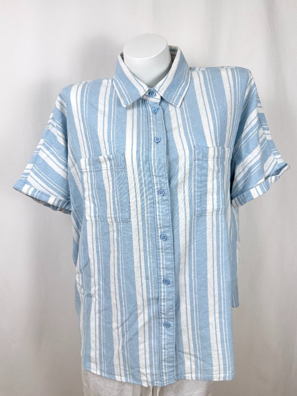 George Women Short Sleeve Linen Blend Striped Shirt Loose Fit XS M L XL XXL